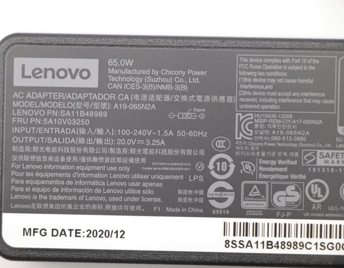 Lenovo Adaptateur Secteur 65W 20V/3.25A avec Connecteur Slim Tip, 100-240V, Efficacité 89%, Compatible ThinkPad IdeaPad Yoga ThinkCentre