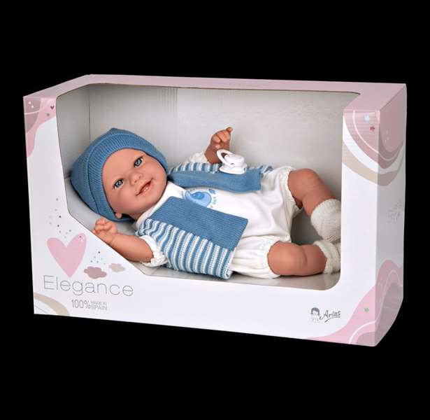 Arias Pouponnière Elegance, poupée bébé interactive avec mécanisme de rire 35 cm bleue, try me, alimentée par piles LR44 incluses, 3 ans+
