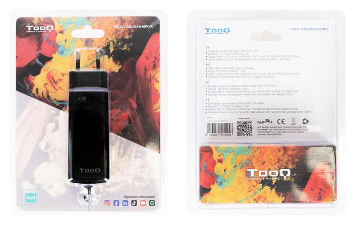 Tooq TQLC Chargeur mural USB-C GaN 45W Power Delivery, Noir, 1,8 m Tooq TQLC Chargeur mural USB-C GaN 45W Power Delivery, Noir, 1,8 m