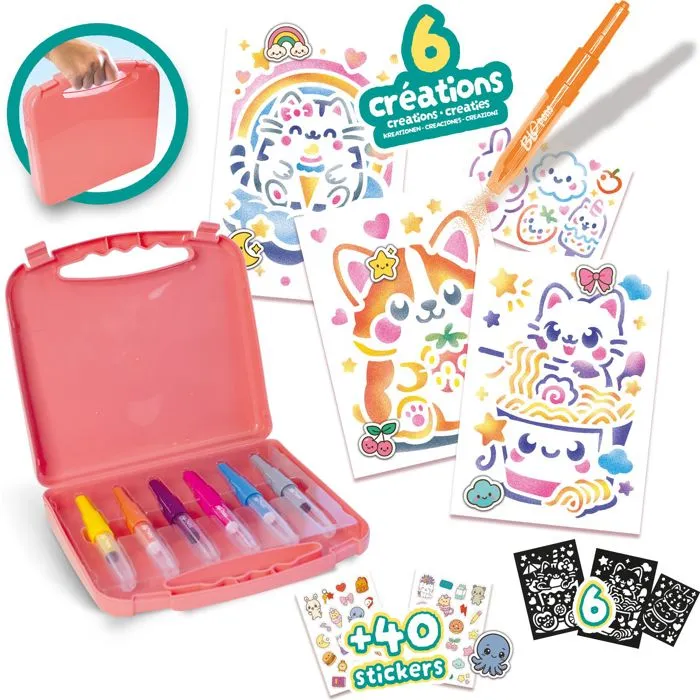 Lansay Blopens Mallette Créative Kawaii - Jeu de Dessin à Effet Aérographe avec Pochoirs Réutilisables - Pour Enfants Dès 5 Ans
