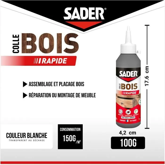 Sader - Colle à bois à prise rapide 2 min - Pour tous types de bois intérieur - Transparente après séchage - Biberon 250 g