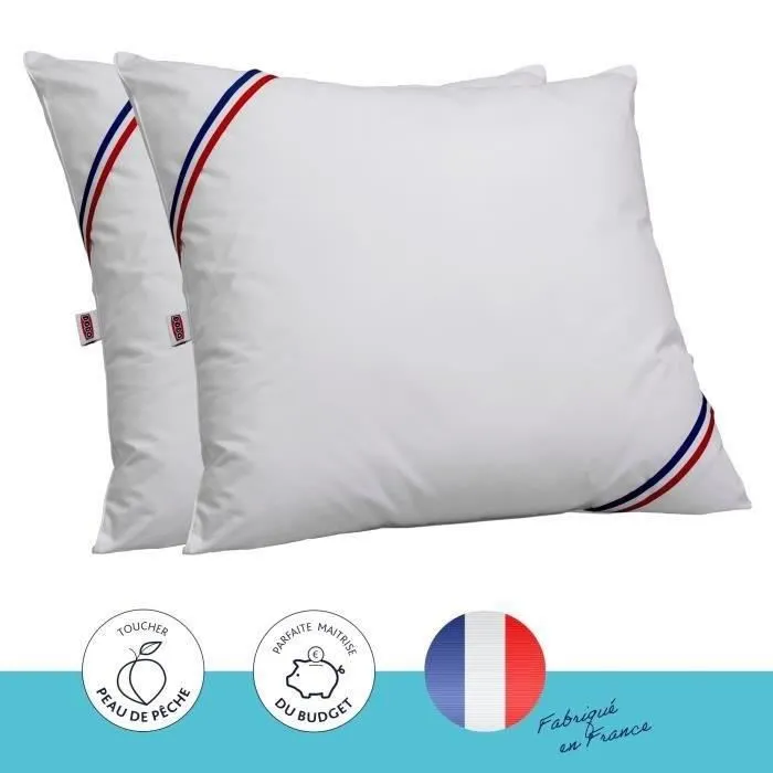 DODO Lot de 2 Oreillers Tendance - Blanc - 60 x 60 cm - Garnissage 100% Polyester Fibre Creuse Siliconée - Fermeté Medium - Fabriqué en France DODO Lot de 2 Oreillers Tendance - Blanc - 60 x 60 cm - Garnissage 100% Polyester Fibre Creuse Siliconée - Fermeté Medium - Fabriqué en France