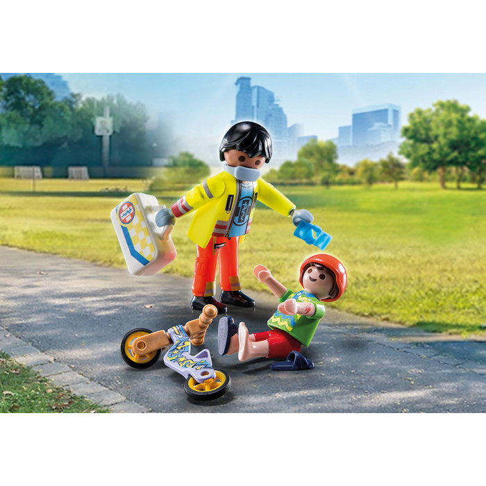Playmobil - Figurine Paramedic avec Patient City Life 71245, Carton de présentation polyglotte (français, anglais, allemand, italien, portugais, espagnol)
