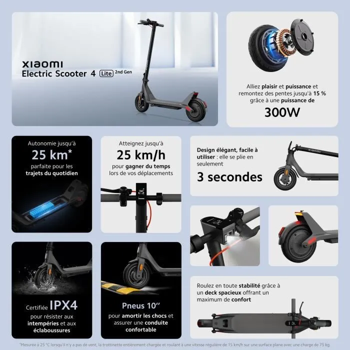 Xiaomi - Trottinette électrique Mi Electric Scooter 4 Lite 2nd Gen, Pneus 10", Moteur 300W, Batterie 10,4Ah, Autonomie 25 km Xiaomi - Trottinette électrique Mi Electric Scooter 4 Lite 2nd Gen, Pneus 10", Moteur 300W, Batterie 10,4Ah, Autonomie 25 km