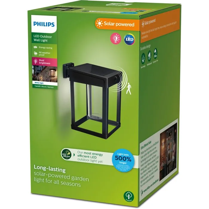 Philips Buzzard - Applique murale extérieure solaire avec détection de mouvement, design carré rétro chic noir, IP44, technologie Ultra Efficient
