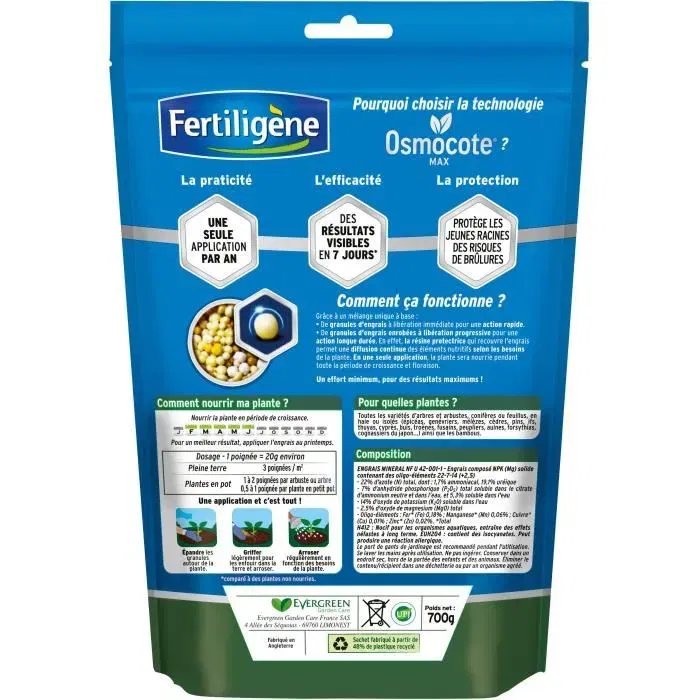FERTILIGENE Engrais longue durée Osmocote max 700 g pour Arbustes, Buis, Conifères, Haies, Bambous - Résultats visibles en 7 jours, 1 application par an