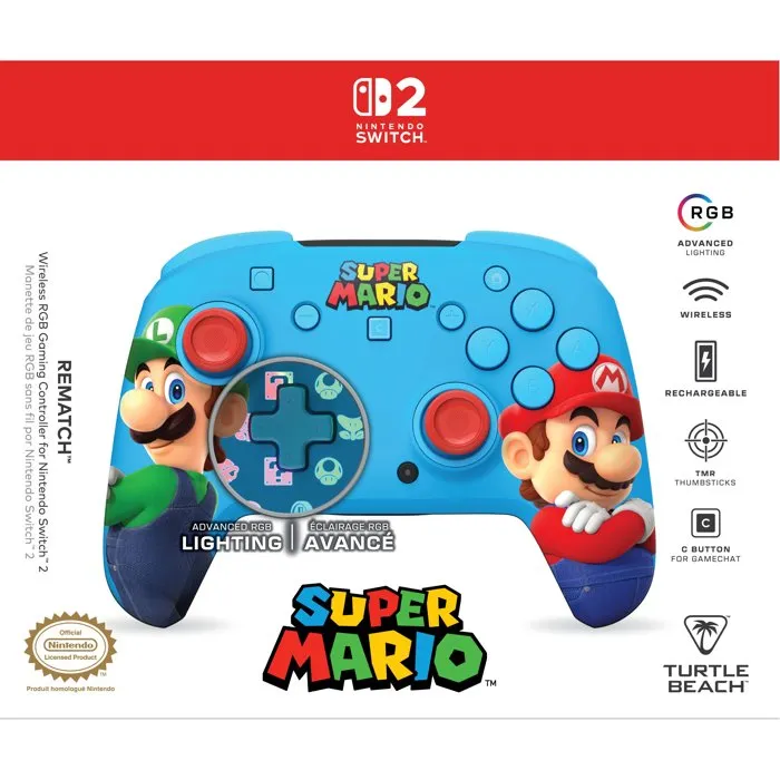 Turtle Beach Rematch - Manette de jeu sans fil officielle pour Nintendo Switch 2 - Design Super Mario - TMR sticks, RGB, bouton C, commandes par mouvement