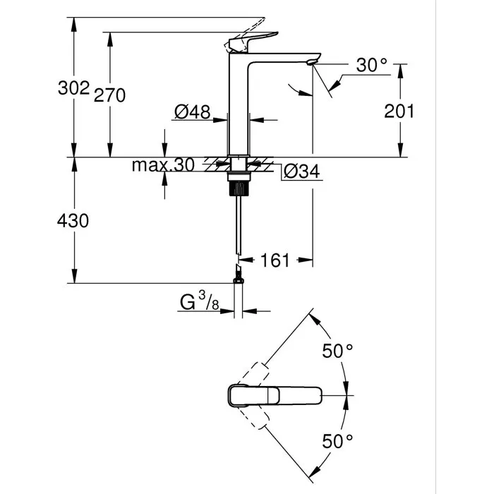 Grohe Mitigeur de lavabo DICE XL sans vidage, corps lisse, finition chrome, avec technologie SilkMove et système FastFixation pour vasque à poser