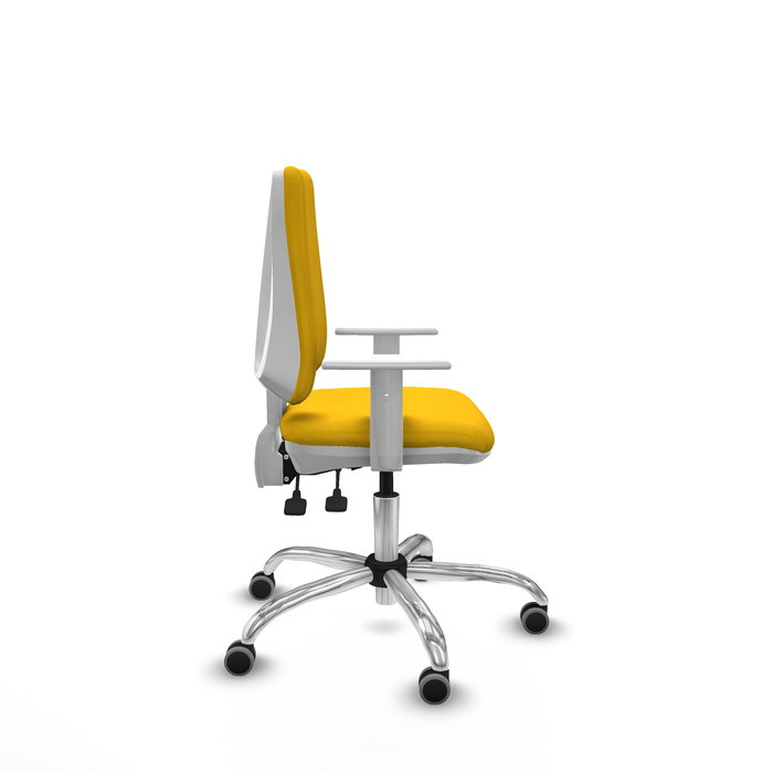 Chaise Elche Asynchrone Tissu Jaune Structure chromée Accoudoirs blancs Sans appui-tête Roulettes 65mm pour moquette