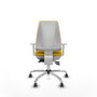 Chaise Elche Asynchrone Tissu Jaune Structure chromée Accoudoirs blancs Sans appui-tête Roulettes 65mm pour moquette