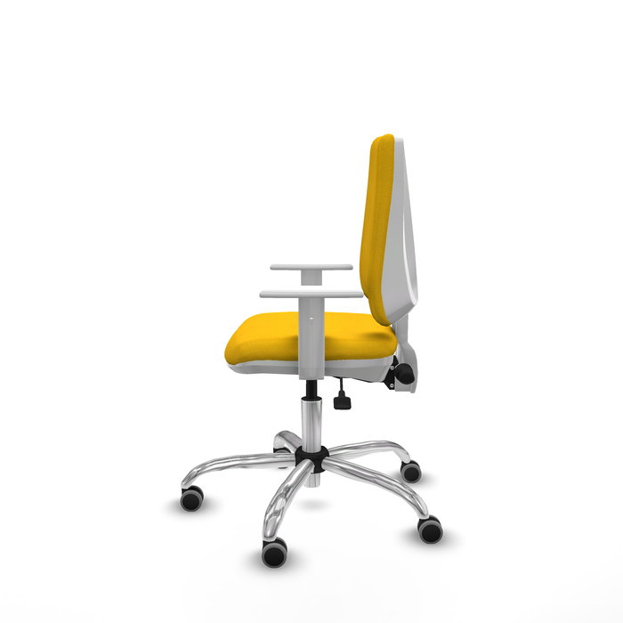 Chaise Elche Asynchrone Tissu Jaune Structure chromée Accoudoirs blancs Sans appui-tête Roulettes 65mm pour moquette