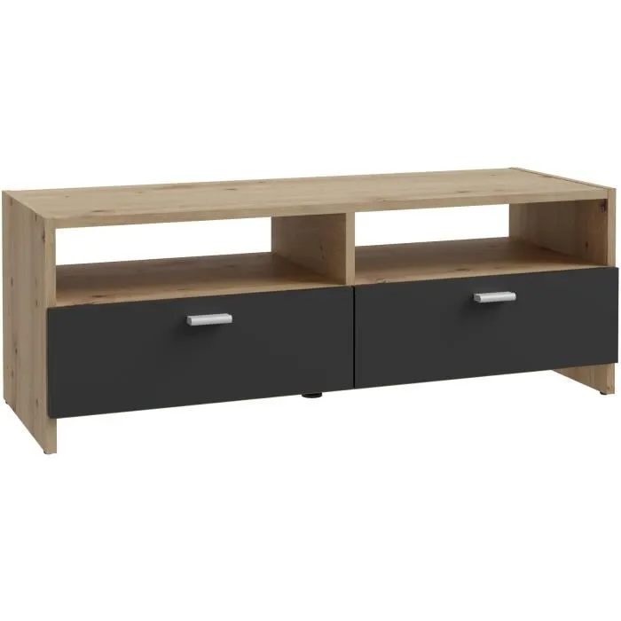 Meuble TV PILVI Style Contemporain 2 Abattants 2 Niches Décor Chêne et Noir L 95 * P 34.6 * H 35.8 cm