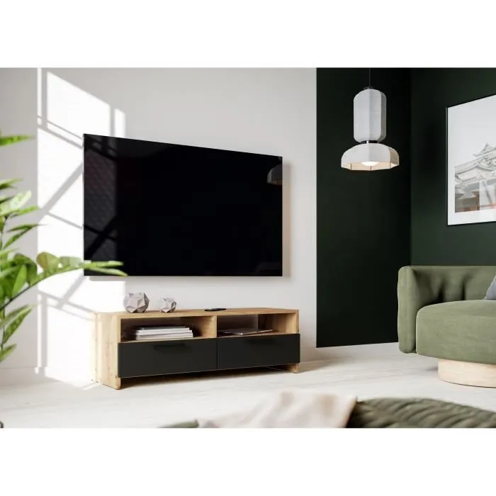 Meuble TV PILVI Style Contemporain 2 Abattants 2 Niches Décor Chêne et Noir L 95 * P 34.6 * H 35.8 cm