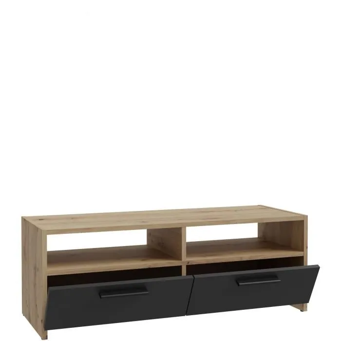 Meuble TV PILVI Style Contemporain 2 Abattants 2 Niches Décor Chêne et Noir L 95 * P 34.6 * H 35.8 cm