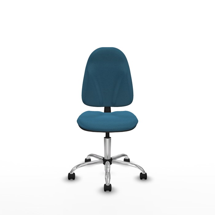 Chaise de bureau Algarra avec mécanisme de contact permanent de base, rembourrée de tissu vert pétrole. Équipée d'une base chromée, sans accoudoirs et de roulettes en nylon de 50 mm.