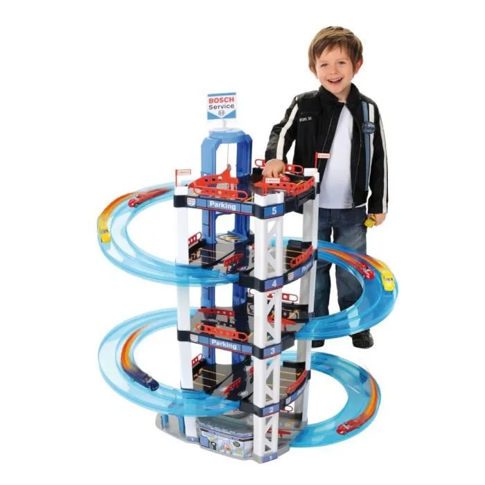 Bosch Garage KLEIN 5 Niveaux avec Ascenseur, Station-Service et Station de Lavage - Jouet Enfant 3 ans - 2 Petites Voitures Incluses