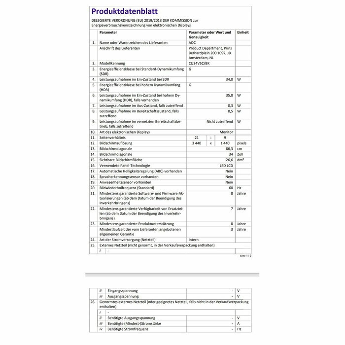 Écran AOC CU34V5C/BK 27" Full HD LCD Wide Quad HD