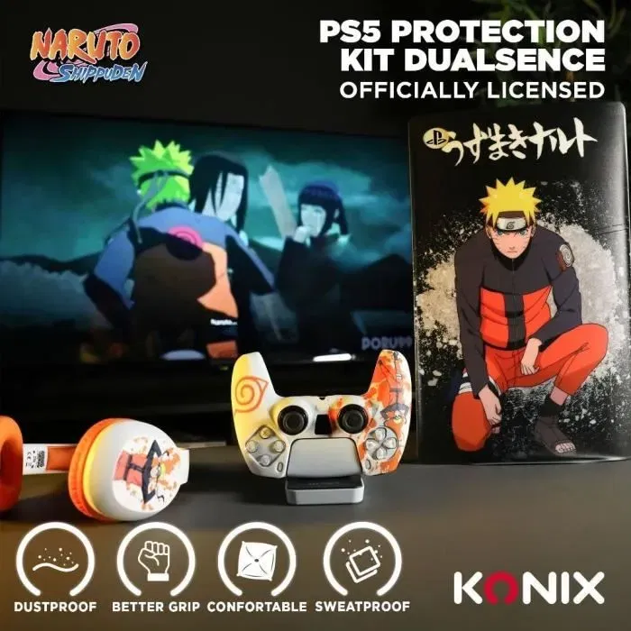 Konix Coque de Protection pour Manette DualSense PS5 en Silicone avec Appuie-Pouces et Motif Naruto Konoha - Blanc