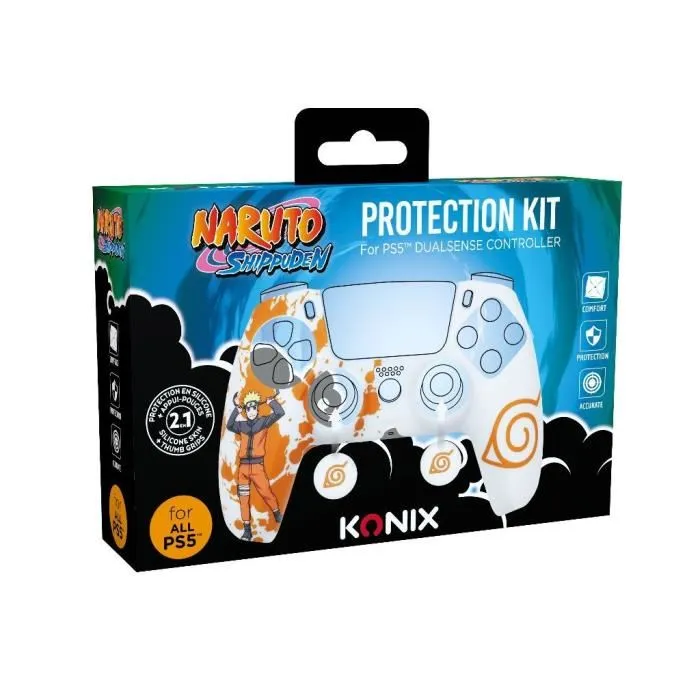 Konix Coque de Protection pour Manette DualSense PS5 en Silicone avec Appuie-Pouces et Motif Naruto Konoha - Blanc