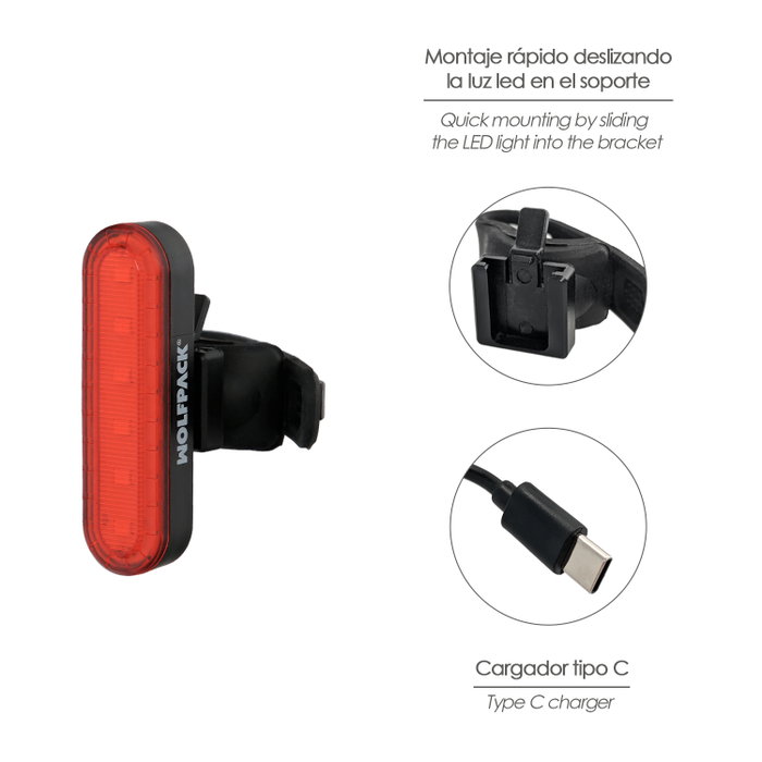 WOLFPACK LINEA PROFESIONAL Luz Led Trasera Pour Vélo ou Trottinette 100 Lumens WOLFPACK LINEA PROFESIONAL Luz Led Trasera Pour Vélo ou Trottinette 100 Lumens