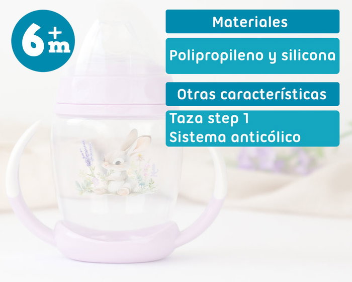 KioKids Tasse d'apprentissage Step 1 Little Sauvage, Conejo Lavande 270 ml, pour bébé dès 6 mois, transition biberon, avec anses et système anti-colique