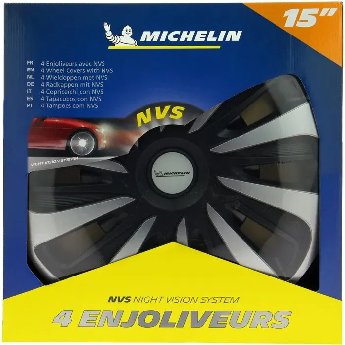 Michelin Lot de 4 Enjoliveurs 15'' NVS 3D Carbone Edition Noir, ABS Bicolore Verni à Haute Finition avec Système de Sécurité Vision Nuit - Simple Clipsage