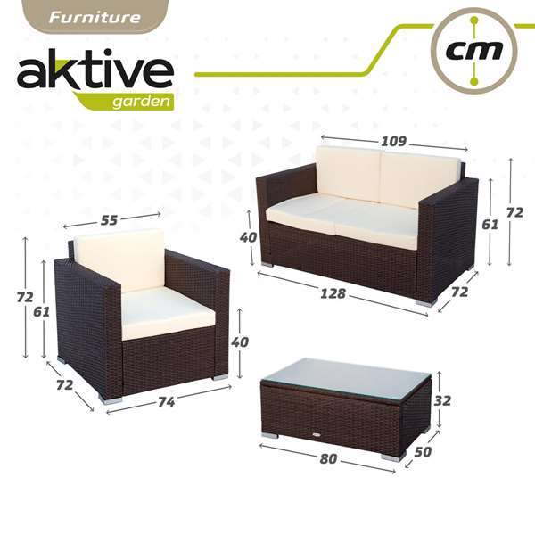Color Baby - Ensemble de salon : canapé 128 x 72 cm + 2 fauteuils 71 x 72 cm + table basse 80 x 50 x 32 cm, acier et rotin, modèle Aktive