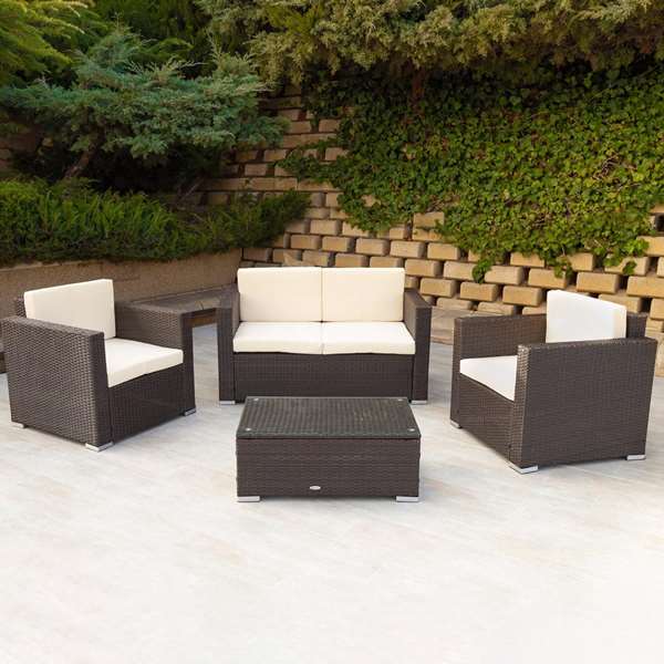 Color Baby - Ensemble de salon : canapé 128 x 72 cm + 2 fauteuils 71 x 72 cm + table basse 80 x 50 x 32 cm, acier et rotin, modèle Aktive