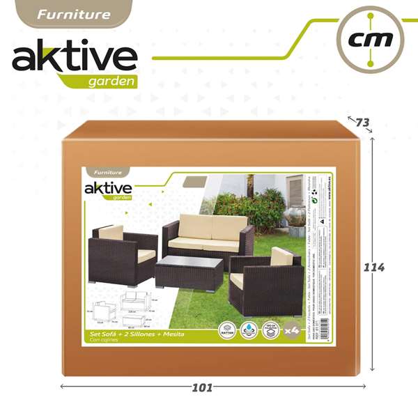 Color Baby - Ensemble de salon : canapé 128 x 72 cm + 2 fauteuils 71 x 72 cm + table basse 80 x 50 x 32 cm, acier et rotin, modèle Aktive