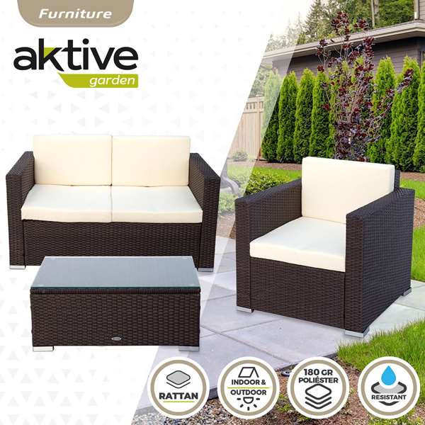 Color Baby - Ensemble de salon : canapé 128 x 72 cm + 2 fauteuils 71 x 72 cm + table basse 80 x 50 x 32 cm, acier et rotin, modèle Aktive
