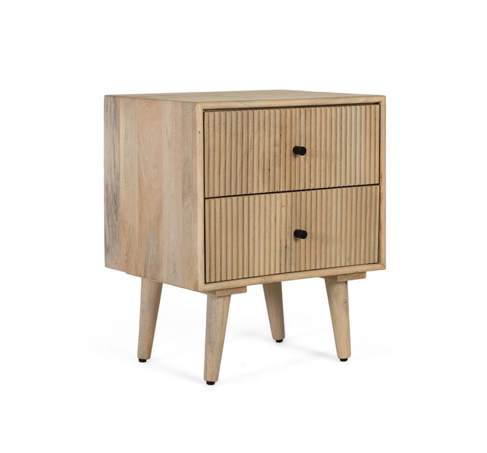 GINER Y COLOMER - Table de chevet en bois de manguier massif style scandinave, finition claire naturelle avec 2 tiroirs à façade cannelée, 50x40x61 cm