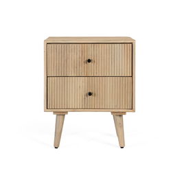 GINER Y COLOMER - Table de chevet en bois de manguier massif style scandinave, finition claire naturelle avec 2 tiroirs à façade cannelée, 50x40x61 cm