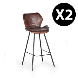 Giner y Colomer - Set de 2 Tabourets de Bar en Cuir Naturel Brun avec Pieds en Métal - Hauteur d'Assise 72 cm
