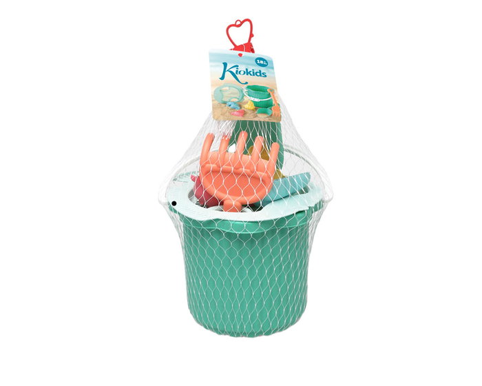 KioKids - Set de seau de plage vert 7 pièces pour bébé - avec pelle, râteau, tamis et moules à sable