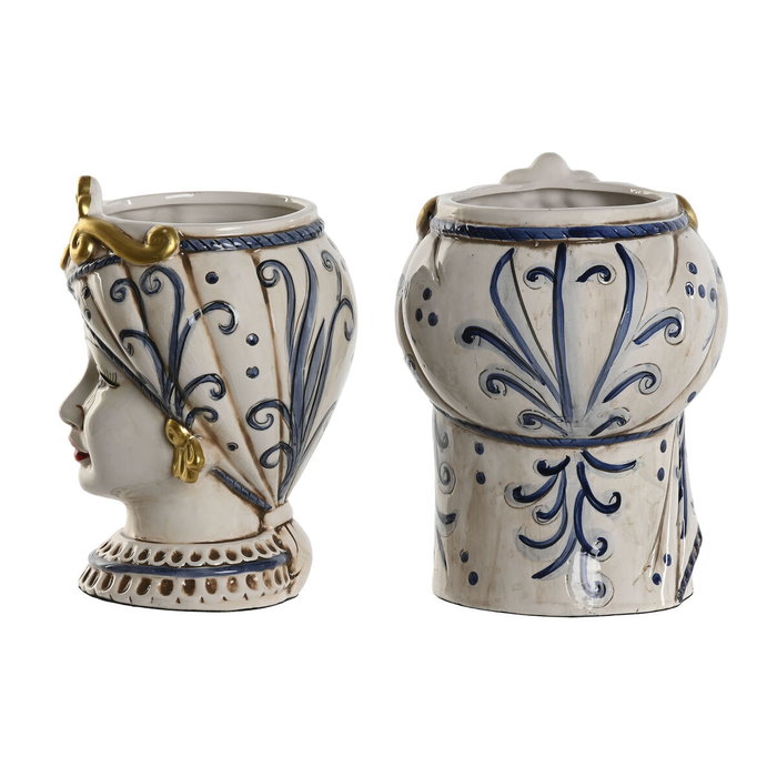 Cache-pot Home ESPRIT Bleu Blanc Doré Porcelaine 15 x 15 x 26 cm (2 Unités)