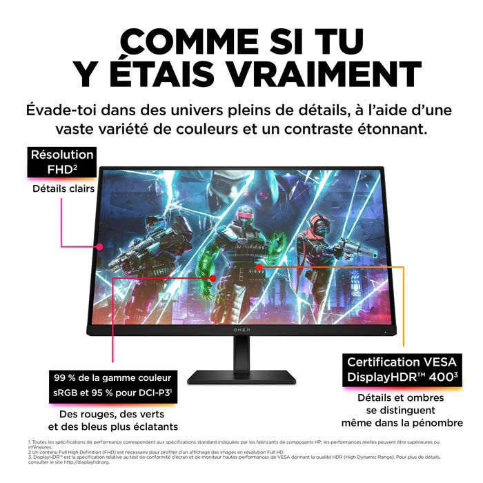 HP Écran gamer OMEN 27 pouces - OMEN 27s - 27" FHD 240 Hz 1 ms avec NVIDIA G-SYNC, HDR 400, Hub USB