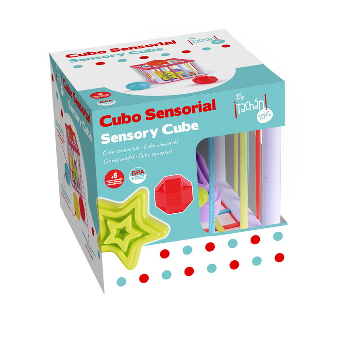 TACHAN - Cube sensoriel pour bébé avec 6 formes géométriques multicolores, textures et motifs variés - Jouet d'éveil pour enfants dès 6 mois