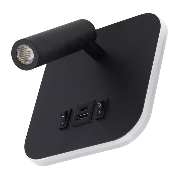 Spot LED carré 9 W avec port USB-C, 1000 lm, 3000 K, noir - Applique murale orientable pour lecture