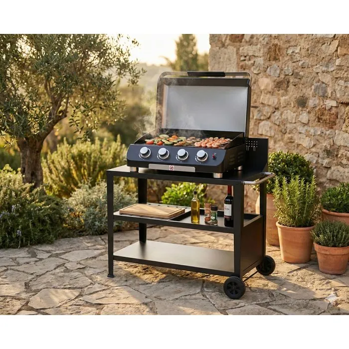 Cookingbox Chariot multifonction pour plancha et cuisine extérieure, plateau 100x50 cm, acier, avec roues et poignée