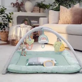 Ingenuity Tapis d'éveil Calm Spring Extra Moelleux bébé - 70% Bambou 30% Coton - 6 Jouets Sensoriels Détachables (Miroir Rotin, Peluche Musicale)