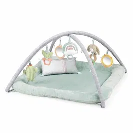 Ingenuity Tapis d'éveil Calm Spring Extra Moelleux bébé - 70% Bambou 30% Coton - 6 Jouets Sensoriels Détachables (Miroir Rotin, Peluche Musicale)