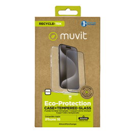 Muvit for Change Coque Recycletek et Protecteur d'écran pour Apple iPhone 16, Transparent et Noir