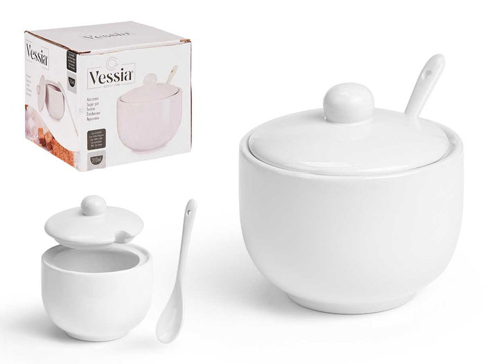 Vessia Sucrier blanc avec cuillère en céramique 12 x 10 x 10 cm 310 ml (Set de 24) Vessia Sucrier blanc avec cuillère en céramique 12 x 10 x 10 cm 310 ml (Set de 24)