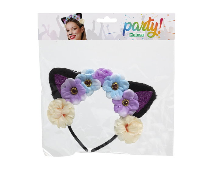 Diadema Orejas Y Flores - Diadème avec oreilles de chat et fleurs lila, bleu, blanc, crème pour déguisement ou cosplay