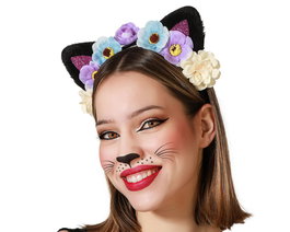 Diadema Orejas Y Flores - Diadème avec oreilles de chat et fleurs lila, bleu, blanc, crème pour déguisement ou cosplay