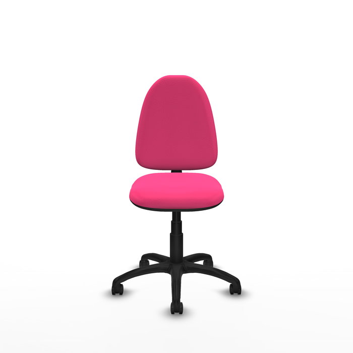 Chaise de bureau Aýna avec mécanisme de contact permanent de base, rembourrée en simili cuir rose. Équipée d'une base en polyamide noir, sans accoudoirs et avec roulettes pour parquet.