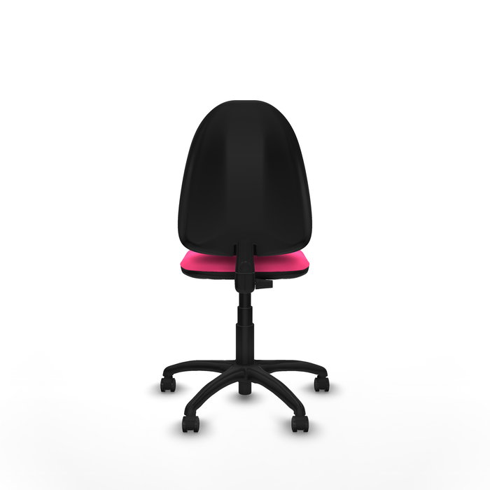 Chaise de bureau Aýna avec mécanisme de contact permanent de base, rembourrée en simili cuir rose. Équipée d'une base en polyamide noir, sans accoudoirs et avec roulettes pour parquet.