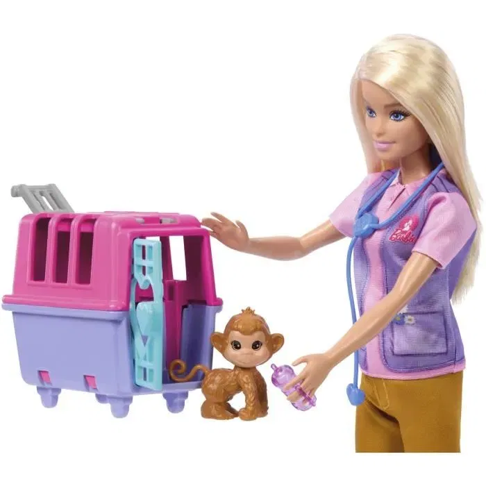Barbie HRG50 - Coffret poupée Sauvetage d'Animaux avec poupée blonde, 2 bébés animaux (tigre et singe) et 12 accessoires