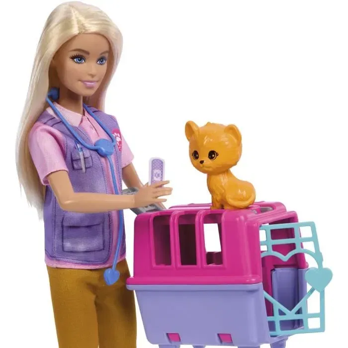Barbie HRG50 - Coffret poupée Sauvetage d'Animaux avec poupée blonde, 2 bébés animaux (tigre et singe) et 12 accessoires