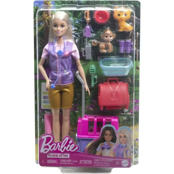 Barbie HRG50 - Coffret poupée Sauvetage d'Animaux avec poupée blonde, 2 bébés animaux (tigre et singe) et 12 accessoires